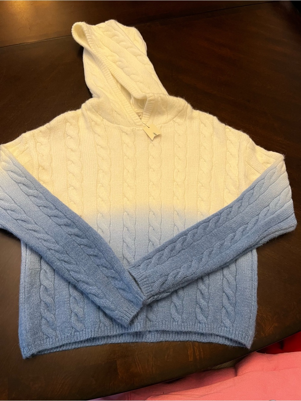 Ombre Cable Knit Hooded Sweater - Cream to Light Blue